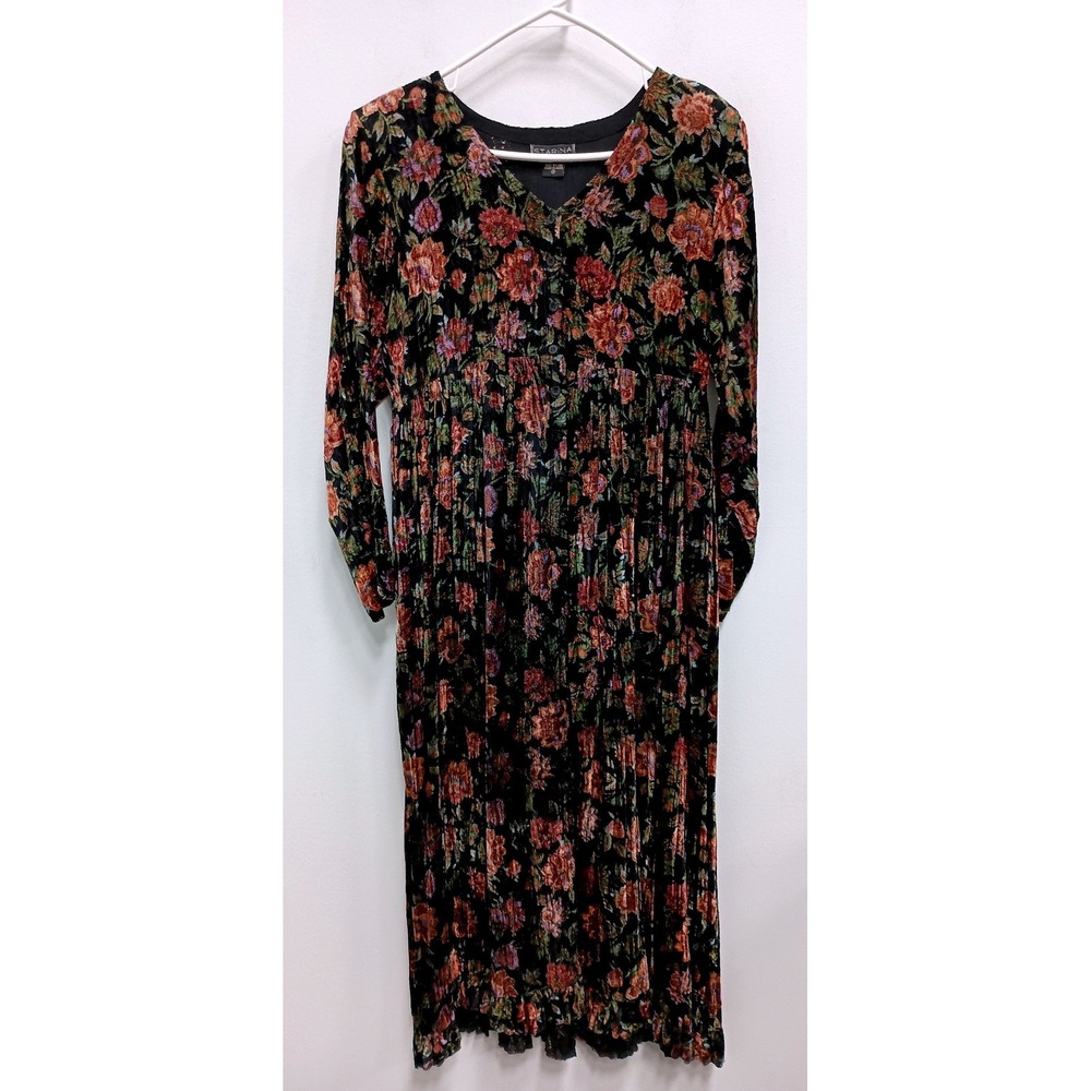 VTG 90s Starina Maxi Dress Womens Small Black Floral Velvet BOHO Whimsygoth